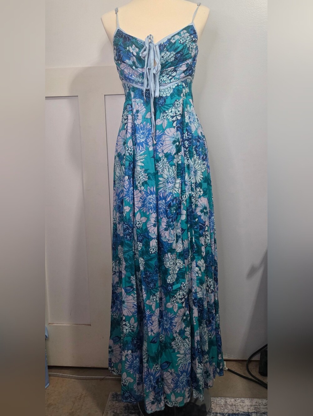 NWT Free People - Floral Blue-Green Maxi Sundress with Tie Front
